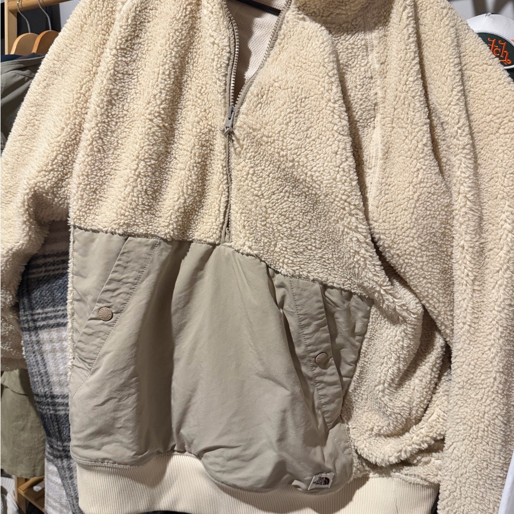 The North Face Cream Sherpa Pullover Jacket with Tan Panels